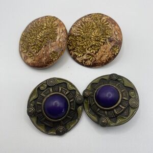 Vtg Clip On Earring Lot 2 Pairs Floral Resin Disc Purple Cabochon Enamel READ